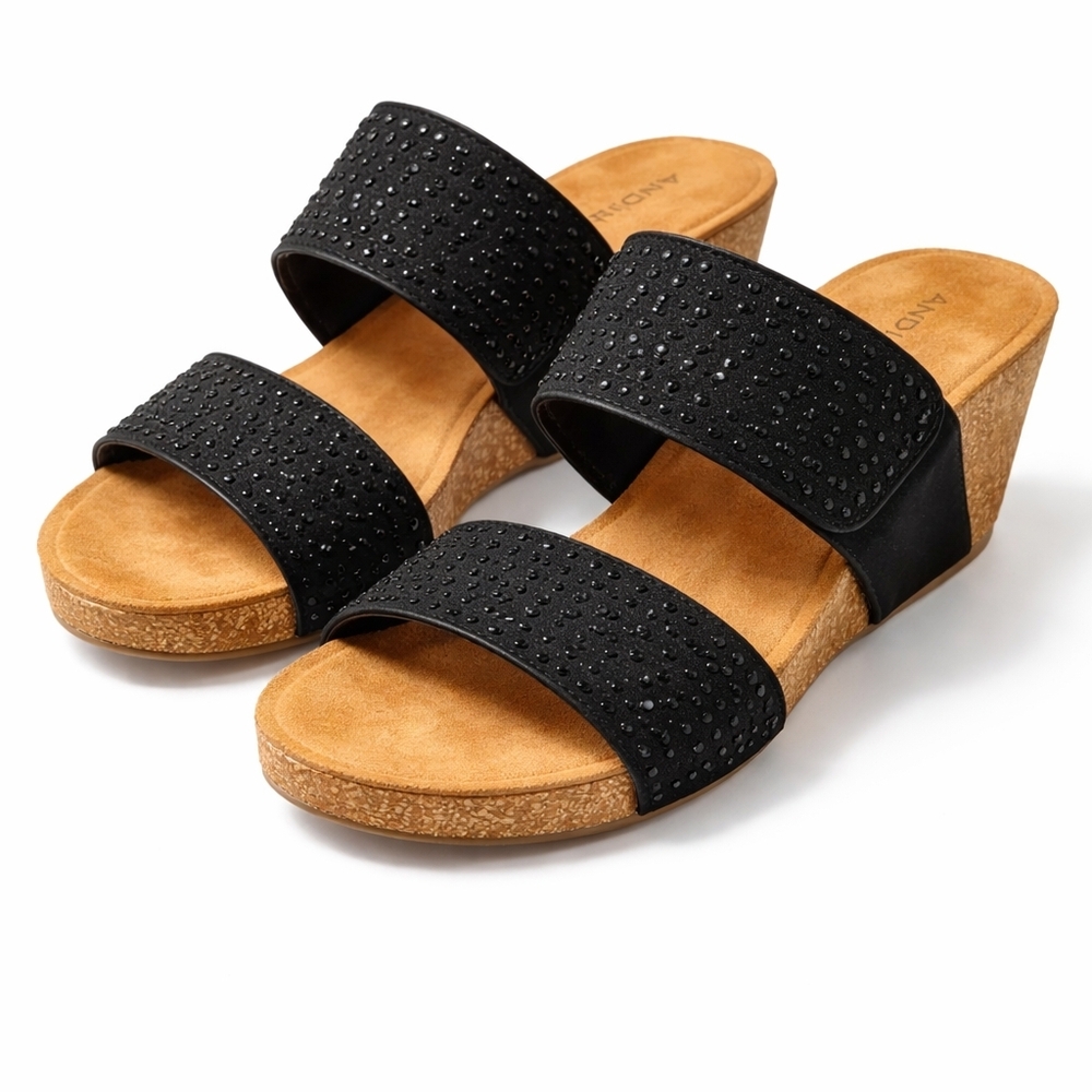 New! Andiamo Black Rhinestone Cork Wedge Sandals Size 9W ✨ Studded Straps